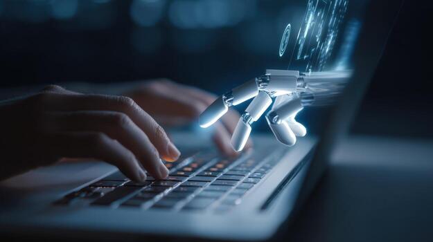 Human and Robot Hands Typing on a Laptop Keyboard, Representing Artificial Intelligence Integration photo