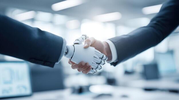 Business Handshake Between Human and Robot, Illustrating Technological Advancement and Future Collaboration in Modern Office photo