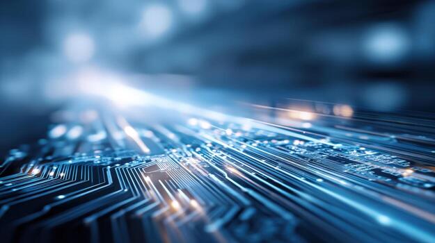 Futuristic Circuit Board Design with Blue Light Streaks, High-Tech Background for Innovative Projects photo