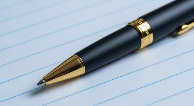 Close-up of a Black and Gold Pen on Lined Paper for Writing and Note-Taking photo