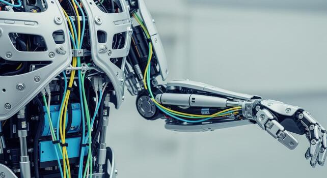 Detailed View of Advanced Humanoid Robot Construction, Featuring Exposed Mechanisms and Robotic Arm photo
