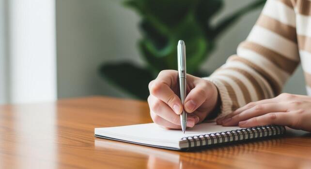 Close-up of a Person Writing on a Notebook, Planning, Journaling, or Note-Taking at a Wooden Desk photo