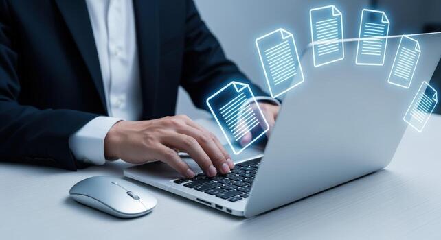 Digital Document Management Professional Using Laptop for File Transfer and Data Management Processes photo