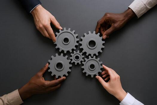 Diverse Team Connecting Gears Collaboration Concept for Business Success and Engineering Solutions, Symbolizing Unity and Problem Solving photo