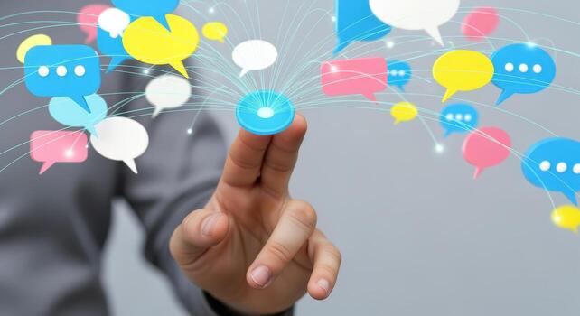 Digital Connection Hand Touching Communication Bubbles in a Network of Social Interaction and Global Communication photo