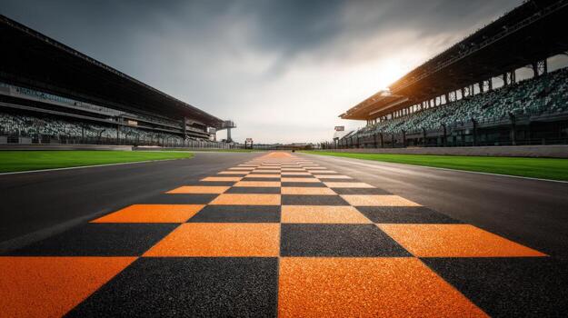 Empty Race Track Perspective with Checkered Start Line and Grandstands on a Cloudy Day photo