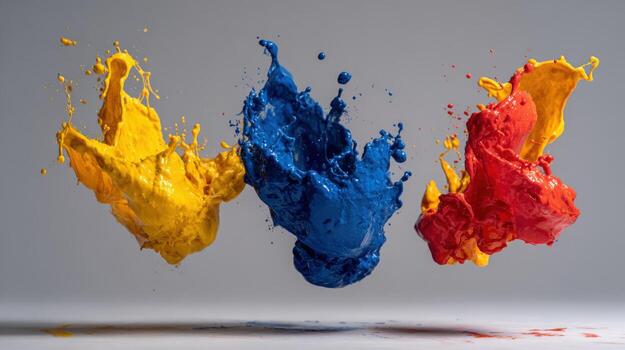 Dynamic Paint Splashes of Yellow, Blue, and Red Creating Abstract Forms in High-Speed Photography photo
