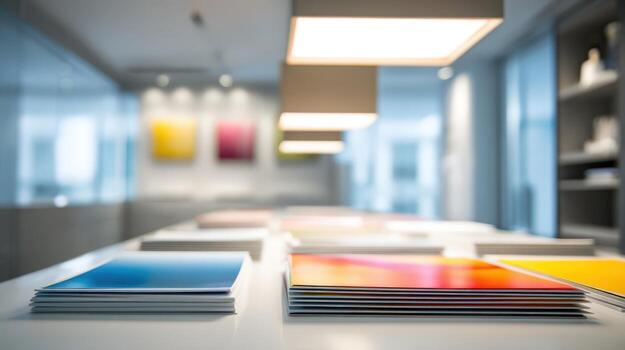 Stacks of Colorful Printed Material on White Table in a Bright, Modern Office Environment photo