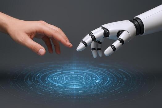 Human and Robot Hands Reaching Across Futuristic Interface, Exploring Artificial Intelligence and Connection photo