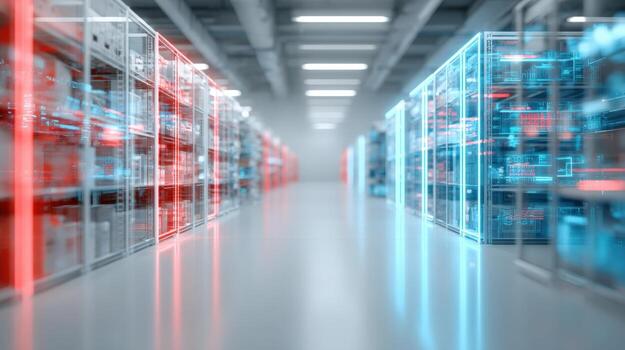 Modern Data Center with Rows of Server Racks and Futuristic Lighting for Cloud Computing photo
