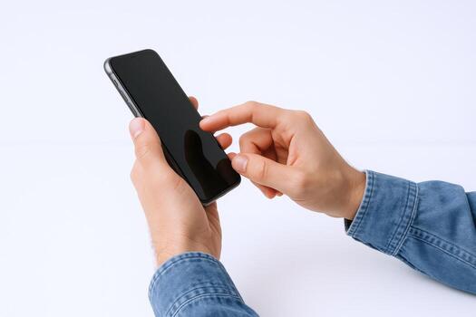 manos utilizando un teléfono inteligente con blanco pantalla para móvil aplicación o tecnología conceptos foto