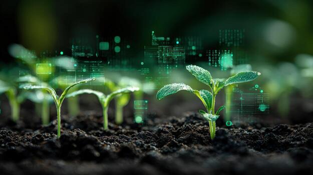 Digital Agriculture Seedlings Emerging with Futuristic Technology Overlay for Smart Farming and Sustainable Growth photo