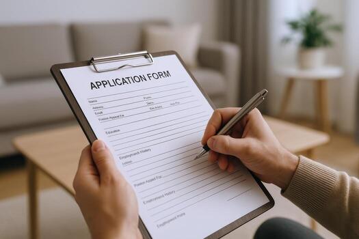 Application form completion Man filling out document on clipboard in a modern living room setting photo