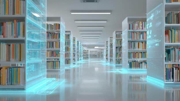 Digital Library Concept Rows of Bookshelves with Futuristic Interface Overlay, Representing Data and Knowledge photo