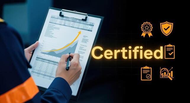 Worker Holding Clipboard Showing Certified Growth Charts and Graphs Depicting Success in Business Management photo