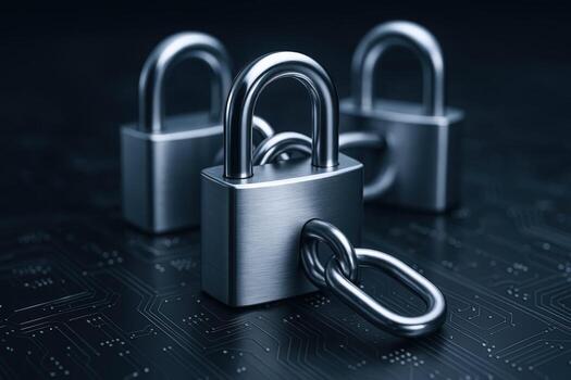 Cybersecurity Concept Three Metal Padlocks Securing Digital Data on a Circuit Board, Representing Online Safety photo