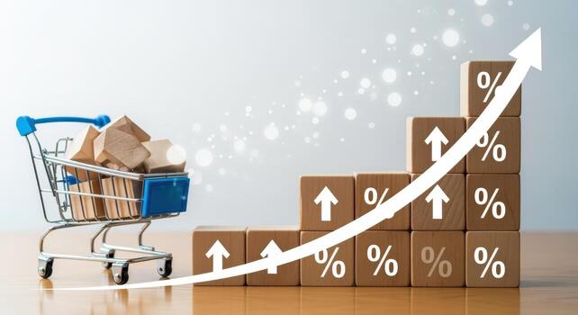 Shopping Cart with Increasing Percentage Blocks and Arrow, Representing Rising Costs and Inflation photo