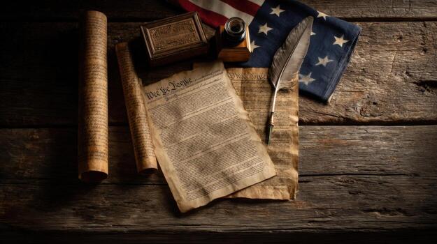 Patriotic Still Life Declaration Document, American Flag, Quill, Ink, and Box on Rustic Wood photo