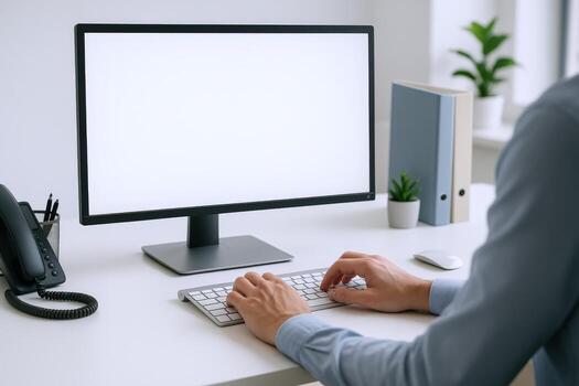 Modern Workspace with Blank Computer Screen, Keyboard and Hands Typing on Desk, Office Mockup photo