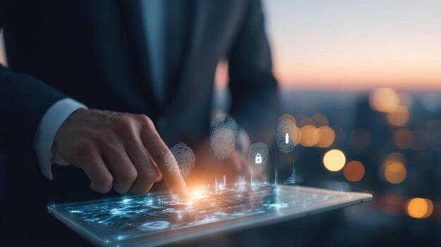 empresario utilizando tableta con digital seguridad cubrir a atardecer, representando ciber seguridad soluciones foto