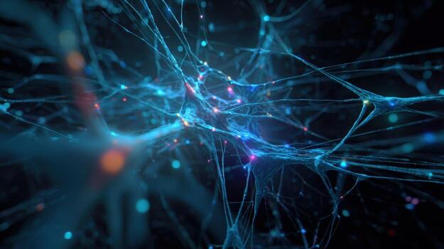 Interconnected Neural Network Visualization Abstract Brain Activity, Synaptic Transmission, and Data Flow in Blue photo