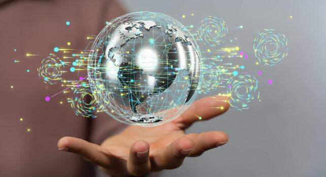 Global Network Concept Hand Holding Digital Earth with Connectivity and Future Technology Visualization photo