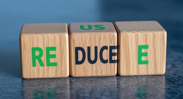 Reduce Reuse Recycle Concept Wooden Blocks Spelling Reduce with Reflection, Environmental Awareness and Sustainability photo