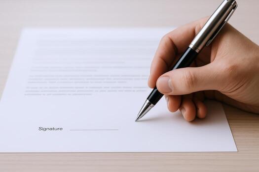 Signing Official Document with Pen Contract Agreement, Legal Form, Approval and Authorization Concept photo