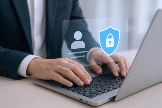 Data Protection on Laptop Businessman Securing Information with Shield, Account, and Padlock Interface photo