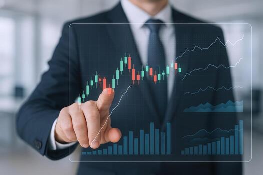 Businessman Analyzing Stock Market Data with Interactive Transparent Display, Investment Growth and Financial Strategy photo