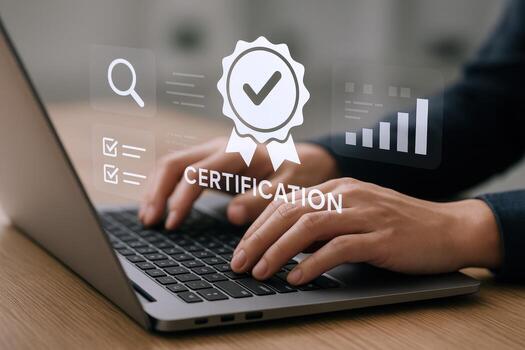 Online Certification Process Depicted with Laptop and Digital Overlay, Representing Professional Accreditation photo