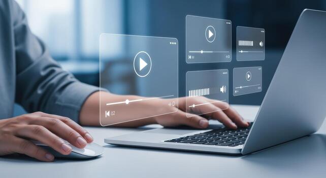 Person Hands Using Laptop for Digital Entertainment Streaming with Media Player Interface Overlay photo