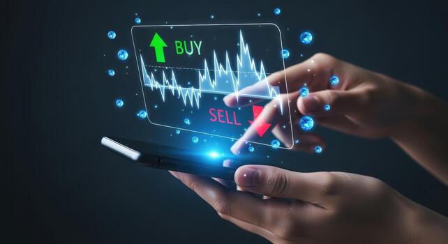 Hands holding smartphone with stock market analysis interface, showing buy and sell indicators for investment decisions photo