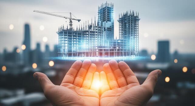 Conceptual Building Construction Held in Hands A Vision of Future Urban Development and Investment photo
