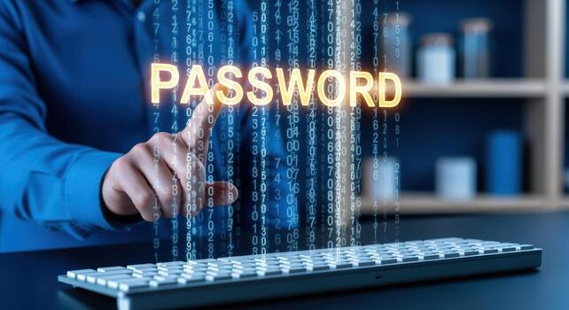 Password Security Concept Person Touching a Digital Password Displayed Above a Keyboard on a Desk photo