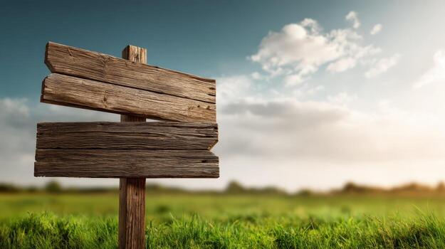 Rustic Wooden Signpost Blank Template Against a Green Meadow and Blue Sky, Ready for Customization photo