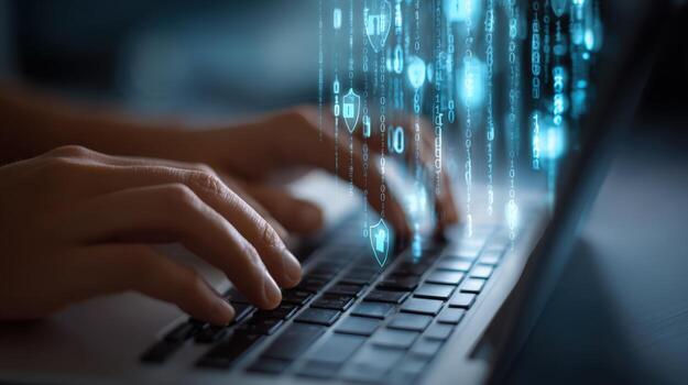 Cybersecurity Professional Typing on Laptop with Data Stream, Illustrating Online Safety and Digital Protection photo
