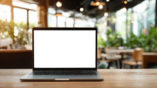 Laptop with Blank Screen Display on Wooden Table in Cafe, Perfect for Mockup and Presentation photo