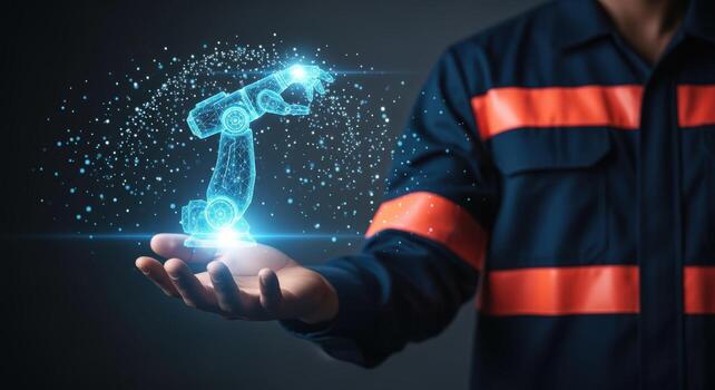 Industrial Automation Specialist Showcasing Robotic Arm Hologram for Precision Manufacturing and Advanced Technology Solutions photo