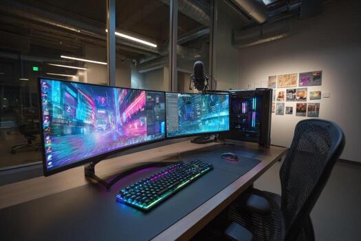 Gaming Setup with Ultrawide Monitor, RGB Keyboard, and High-End PC for Esports and Content Creation photo