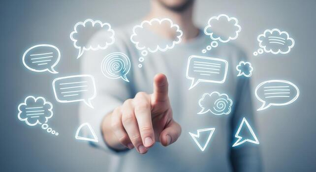 hombre interactuando con virtual habla burbujas comunicación, conexión, tecnología, y futuro conceptos foto