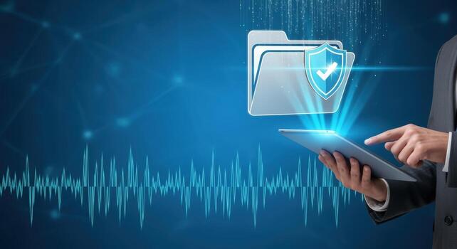 Data Protection Concept Business Person Securing Files on a Tablet with Digital Shield photo