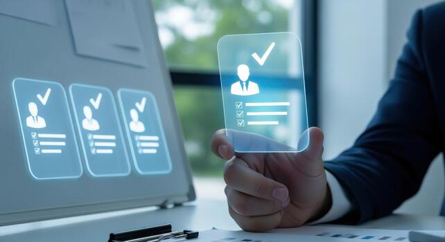 Human Resources Manager Reviewing Candidates Resumes for a Job, Using Digital Technology to Streamline Hiring photo