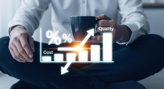 Business Person Analyzing Cost Efficiency and Quality Improvement with a Visual Chart While Having Coffee photo