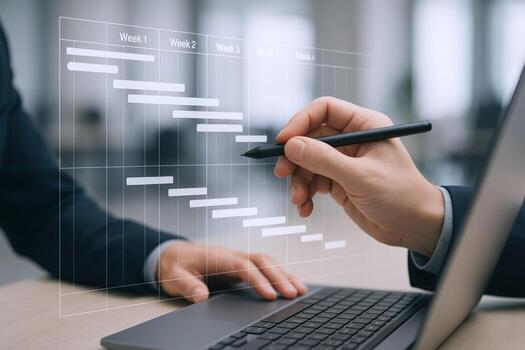 Project Management Gantt Chart Visualization with Stylus on Laptop Business Planning and Scheduling photo