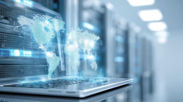 Global Data Network Visualization Laptop Displaying World Map in Server Room Environment for Technology Solutions photo