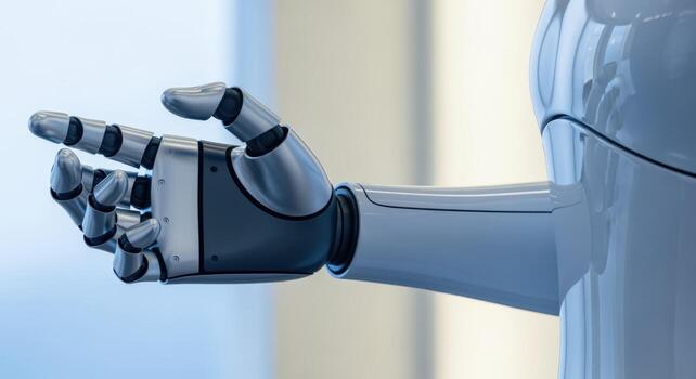 Robot Hand Extended in Offering Gesture, Conceptual Image of Future Technology and Artificial Intelligence photo