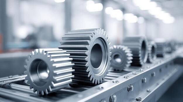 Metal Gears on Conveyor Belt in Factory, Representing Automation, Precision Engineering and Industrial Production photo
