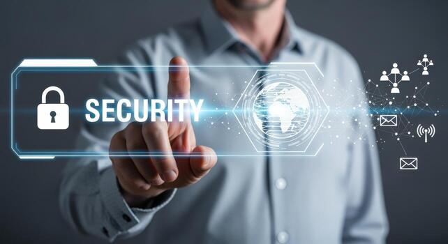 Man interacts with digital security interface, showcasing cybersecurity measures and global network protection on transparent interface photo