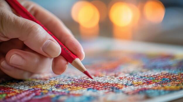 Close-up of hand with red pencil over artistic drawing - detailed, hobby, and relaxing activity photo